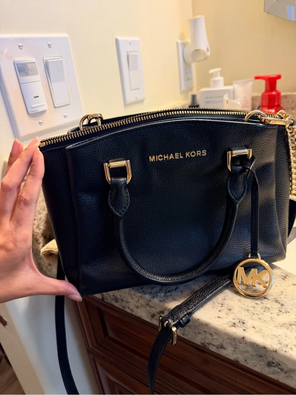 Michael Kors Black Leather Pebbled Satchel with Gold MK Charm
